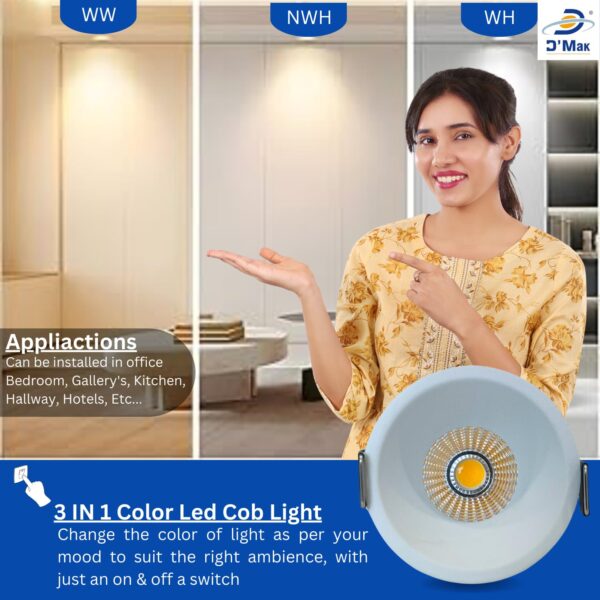 D'Mak 7W White Body LED Deep COB Light | Recessed LED Ceiling Light for Indoor Lighting (3in1, Pack of 10) - Image 3