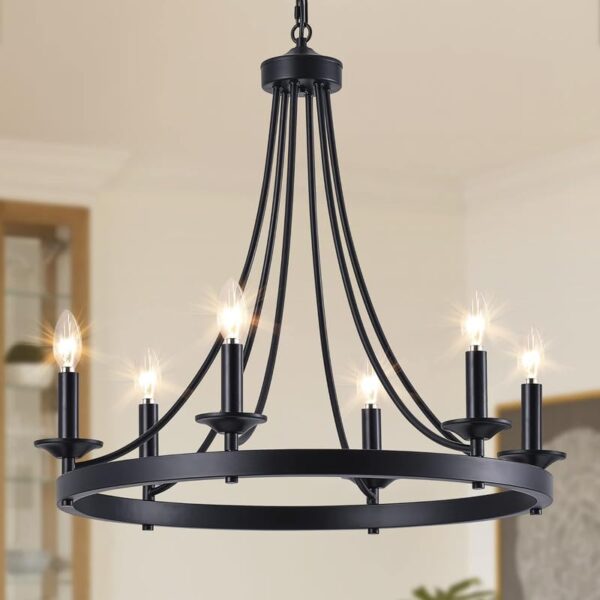 Chandni Décor Modern Black Chandelier, 24 inch 6-Light Wagon Wheel Chandelier Farmhouse Round Hanging Ceiling Light Pendant Lighting for Dining Room Kitchen Island Living Room