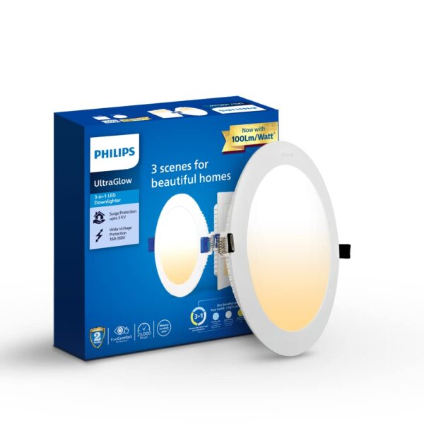 Philips Ultra Glow 15-watt Round LED Downlighter | 3 Colors in 1 Recessed LED Downlight | LED Ceiling Light for Home and Hall | Cut Out: 6 inch, Color: Tunable White, Pack of 4 - Image 3