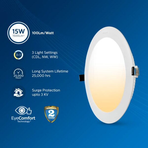 Philips Ultra Glow 15-watt Round LED Downlighter | 3 Colors in 1 Recessed LED Downlight | LED Ceiling Light for Home and Hall | Cut Out: 6 inch, Color: Tunable White, Pack of 4 - Image 4