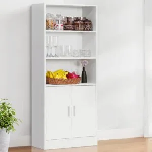 ABOUT SPACE 5 ft Kitchen Cabinet - 5 Tier Wooden Storage Cabinet with 3 Open Shelves & 2 Magnetic Door Crockery Cabinets, Easy to Assemble for Home Living Room (White - L 57 x B 25 x H 158 cm)