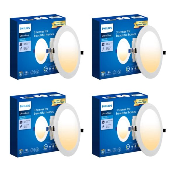 Philips Ultra Glow 15-watt Round LED Downlighter | 3 Colors in 1 Recessed LED Downlight | LED Ceiling Light for Home and Hall | Cut Out: 6 inch, Color: Tunable White, Pack of 4