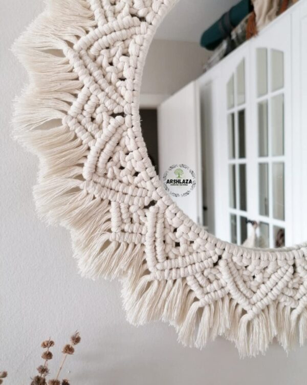 ARSHLAZA Macrame Hanging Wall Mirror with Macrame Round Mirror Art Boho Decor [M4FOOL] Framed, off-white - Image 3