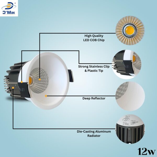 D'Mak 12W White Body LED Deep COB Light | Recessed LED Ceiling Light for Indoor Lighting (3in1, Pack of 1) - Image 5