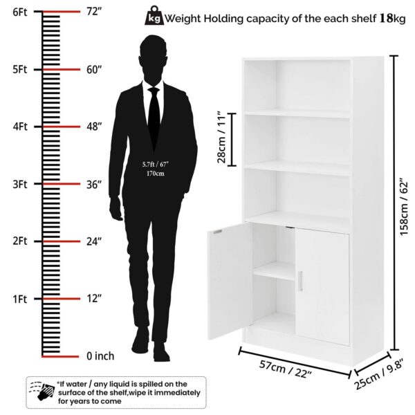 ABOUT SPACE 5 ft Kitchen Cabinet - 5 Tier Wooden Storage Cabinet with 3 Open Shelves & 2 Magnetic Door Crockery Cabinets, Easy to Assemble for Home Living Room (White - L 57 x B 25 x H 158 cm) - Image 2