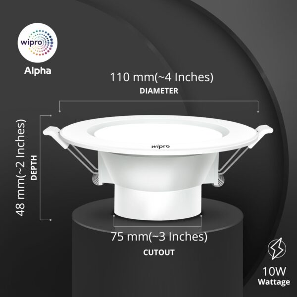 wipro Alpha 10W Round Downlight Junction Box | Cool Day White (6500K) | Glare-Free Design |Recessed Down Light For False Ceiling | Cutout ? 3 Inch | Pack Of 1 - Image 3