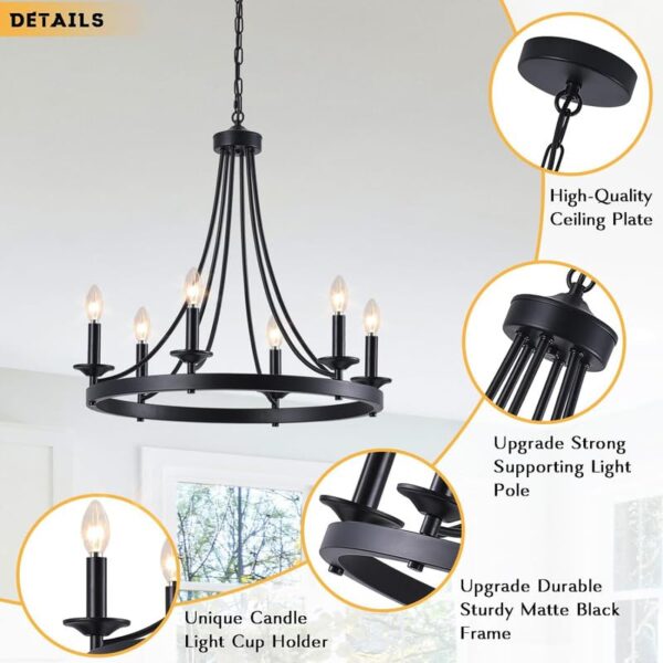 Chandni Décor Modern Black Chandelier, 24 inch 6-Light Wagon Wheel Chandelier Farmhouse Round Hanging Ceiling Light Pendant Lighting for Dining Room Kitchen Island Living Room - Image 2