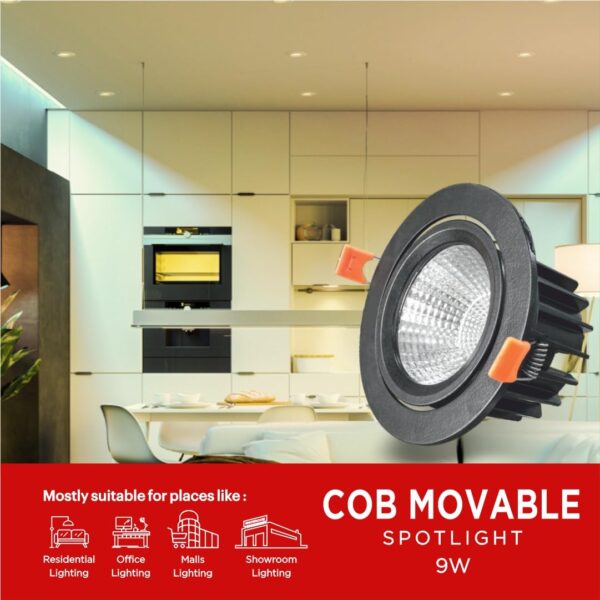 Pride Lighting | COB Movable Spot Light | Black Body | 9W | Fancy LED Spot Light for Home, Office & Hotel | Recess | Light Color (Natural White) - Image 4