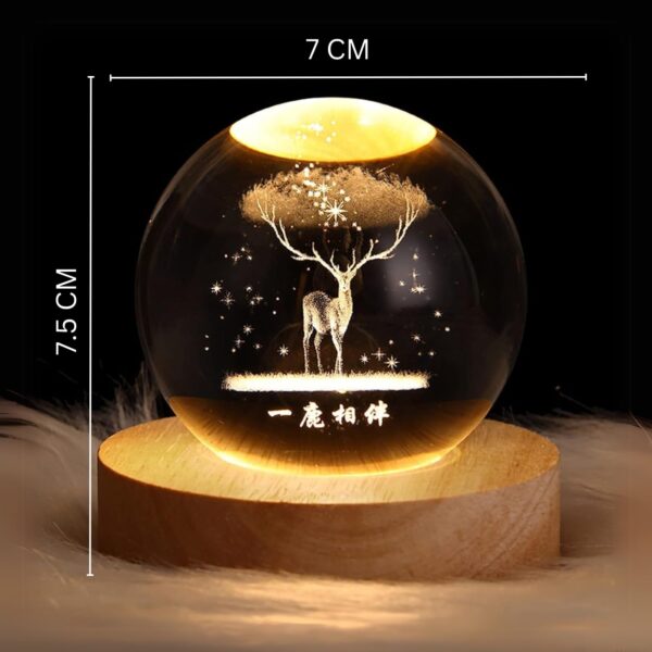 One94Store 3D Deer Crystal Globe Lamp Creative Engraved Crystal Ball Night Light USB Table LED Wooden Crystal Ball for Home Office Decoration Birthday Gift Adults (Deer 6cm)(Warm White) - Image 3