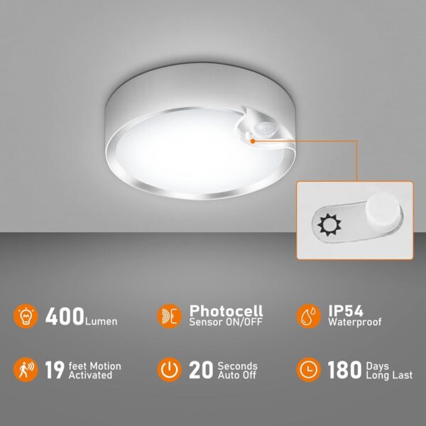 TOOWELL Motion Sensor Ceiling Light Battery Operated Indoor/Outdoor LED Ceiling Lights for Hallway Laundry Stairs Garage Bathroom 300LM White Photocell Sensor ON/Off Upgrade - Image 2