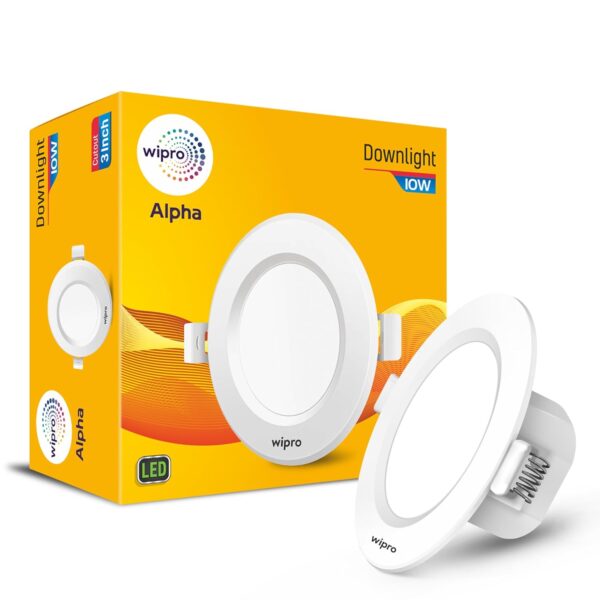 wipro Alpha 10W Round Downlight Junction Box | Cool Day White (6500K) | Glare-Free Design |Recessed Down Light For False Ceiling | Cutout ? 3 Inch | Pack Of 1