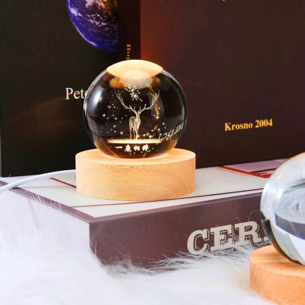 One94Store 3D Deer Crystal Globe Lamp Creative Engraved Crystal Ball Night Light USB Table LED Wooden Crystal Ball for Home Office Decoration Birthday Gift Adults (Deer 6cm)(Warm White) - Image 2