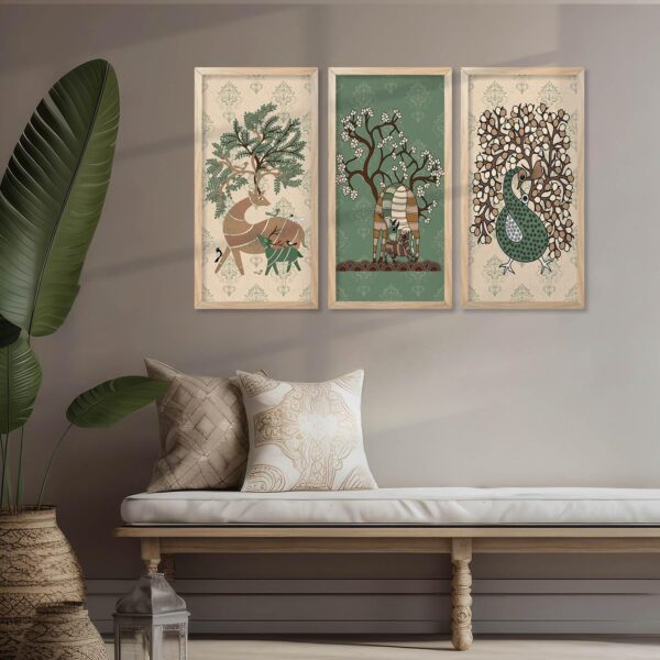 walllane Gond Wall Art Home Décor Paintings | Wall Hanging Frames | Painting for wall Decoration Set of 3 (10x19 inch, A) - Image 3