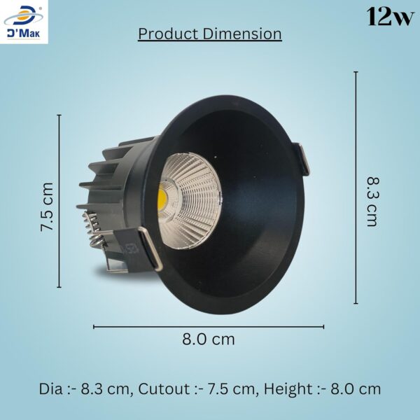 D'Mak 12W Black Body LED Deep COB Light | Recessed LED Ceiling Light for Indoor Lighting (3in1, Pack of 4) - Image 3