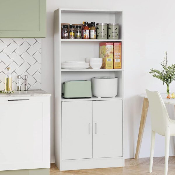 ABOUT SPACE 5 ft Kitchen Cabinet - 5 Tier Wooden Storage Cabinet with 3 Open Shelves & 2 Magnetic Door Crockery Cabinets, Easy to Assemble for Home Living Room (White - L 57 x B 25 x H 158 cm) - Image 3