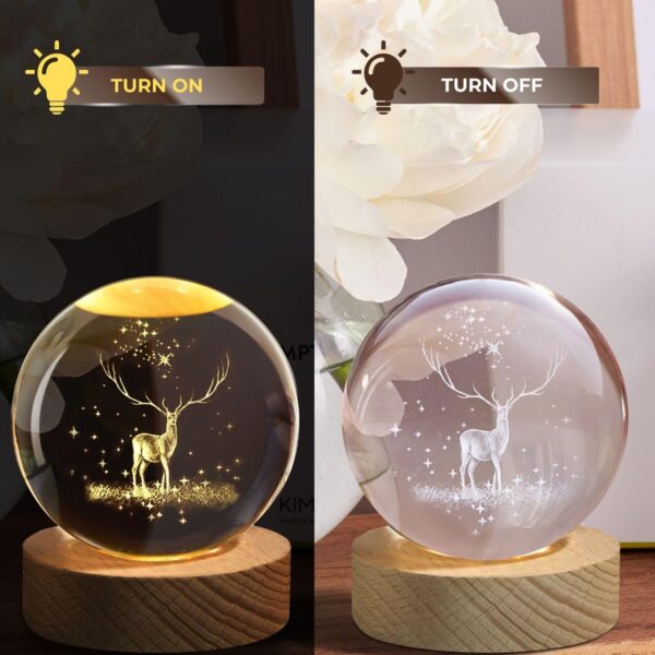 One94Store 3D Deer Crystal Globe Lamp Creative Engraved Crystal Ball Night Light USB Table LED Wooden Crystal Ball for Home Office Decoration Birthday Gift Adults (Deer 6cm)(Warm White) - Image 4