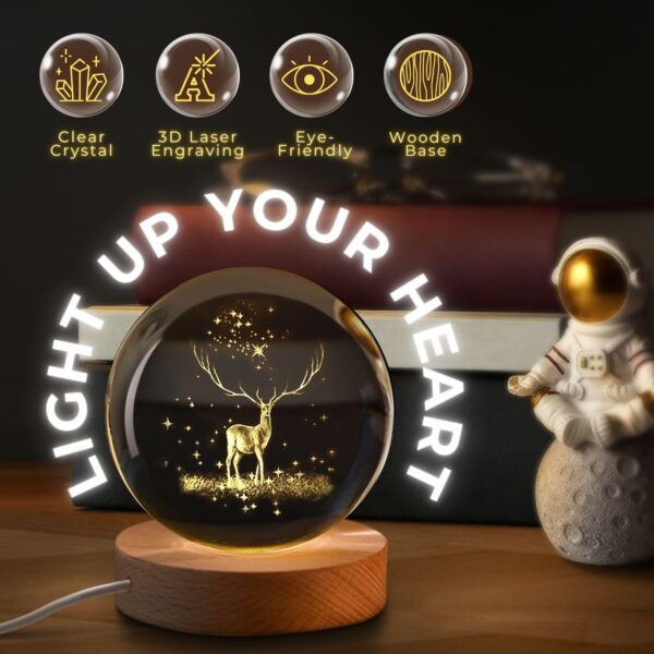 One94Store 3D Deer Crystal Globe Lamp Creative Engraved Crystal Ball Night Light USB Table LED Wooden Crystal Ball for Home Office Decoration Birthday Gift Adults (Deer 6cm)(Warm White) - Image 5