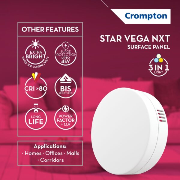 Crompton 10W 3in1 Rimless LED Surface Panel Light | Twist and Lock | 1000 Lumens | Wide Voltage Operation | Up to 4.0 kV Surge Protection| 3in1 Light| BIS Certified | Made in India| Pack of 4 - Image 3