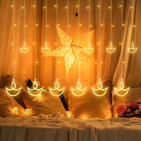 GIGAWATTS 12 Diya Curtain String Light LED 2.5 Meter Window Decoration Lights with 8 Flashing Modes Indoor Outdoor Wall Lighting for Diwali Wedding Party Patio Lawn Home Decor (Pack of 12, Warm White) - Image 2