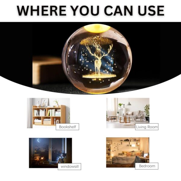 One94Store 3D Deer Crystal Globe Lamp Creative Engraved Crystal Ball Night Light USB Table LED Wooden Crystal Ball for Home Office Decoration Birthday Gift Adults (Deer 6cm)(Warm White) - Image 9