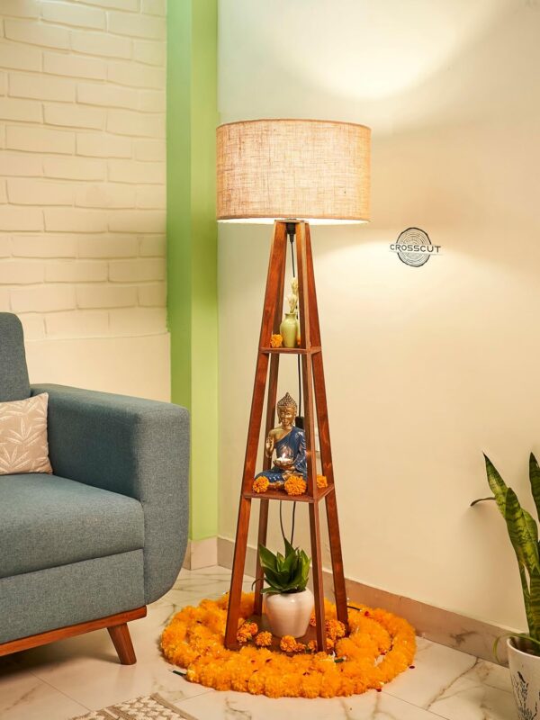 Crosscut Furniture Wooden Floor Lamp with Shelf (Natural Jute). LED Bulb Included - Image 3