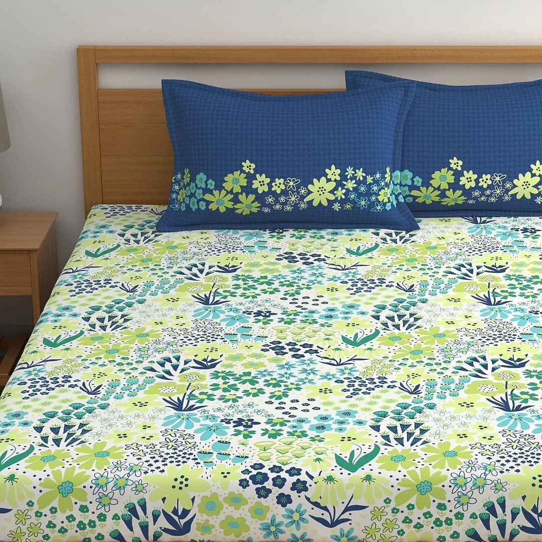 Home Ecstasy 100% Cotton Value King Bedsheet with 2 Pillow Covers - (Size 87 x 108 inches, 140 TC, Colour - Blue) - Image 3