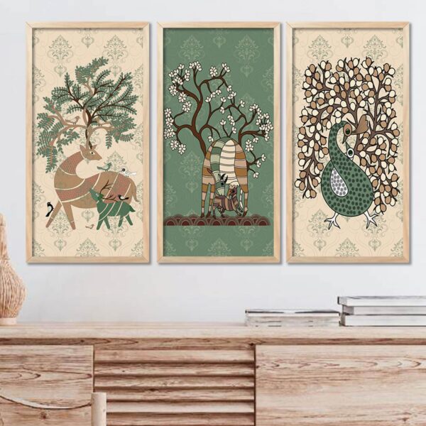 walllane Gond Wall Art Home Décor Paintings | Wall Hanging Frames | Painting for wall Decoration Set of 3 (10x19 inch, A)