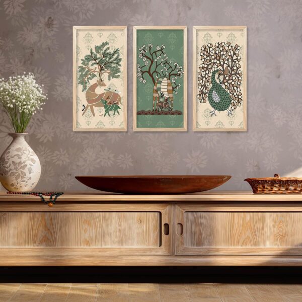 walllane Gond Wall Art Home Décor Paintings | Wall Hanging Frames | Painting for wall Decoration Set of 3 (10x19 inch, A) - Image 5