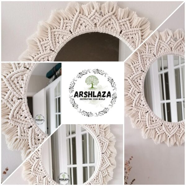 ARSHLAZA Macrame Hanging Wall Mirror with Macrame Round Mirror Art Boho Decor [M4FOOL] Framed, off-white - Image 4