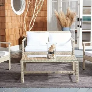 Devoko Outdoor Patio Furniture Sofa Set, 4-Piece Premium Conversation Set Waterproof with Washable Soft Cushion and Center Table, Scratch-Proof Wicker Rattan for Gardens and Balcony (Beige & White)