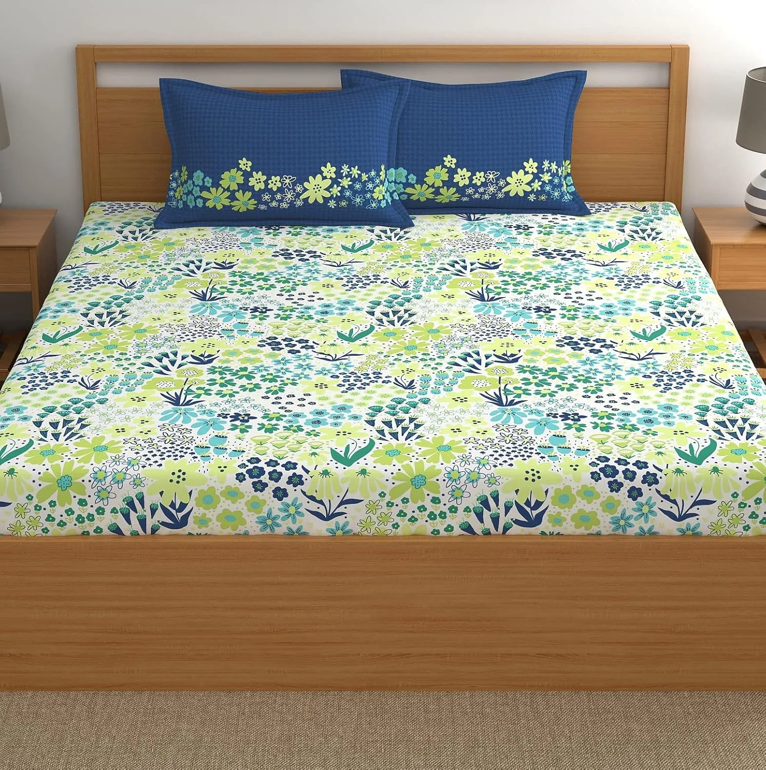 Home Ecstasy 100% Cotton Value King Bedsheet with 2 Pillow Covers - (Size 87 x 108 inches, 140 TC, Colour - Blue) - Image 2