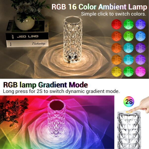 REFULGIX Crystal Lamp,16 Color Changing Rose Crystal Diamond LED Table Lamp,USB Rechargeable Touch Bedside Lamp Night Light with Remote Control, for Bedroom Living Room Party Dinner Decor(Pack of 1) - Image 3