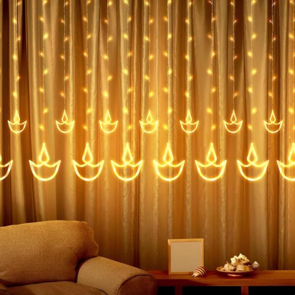 GIGAWATTS 12 Diya Curtain String Light LED 2.5 Meter Window Decoration Lights with 8 Flashing Modes Indoor Outdoor Wall Lighting for Diwali Wedding Party Patio Lawn Home Decor (Pack of 12, Warm White)