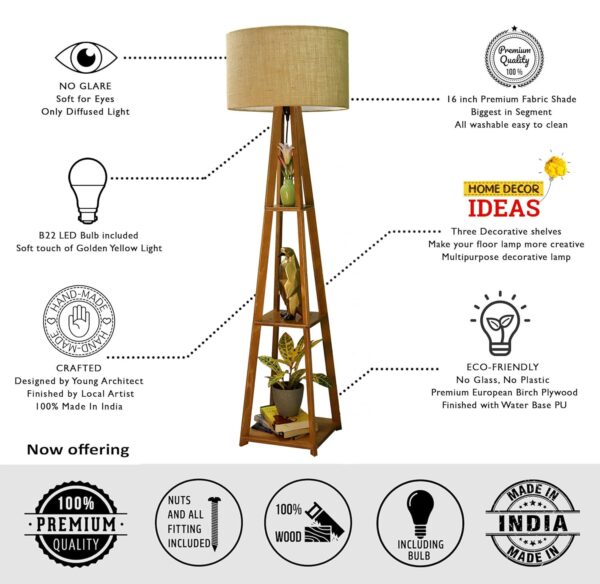 Crosscut Furniture Wooden Floor Lamp with Shelf (Natural Jute). LED Bulb Included - Image 5