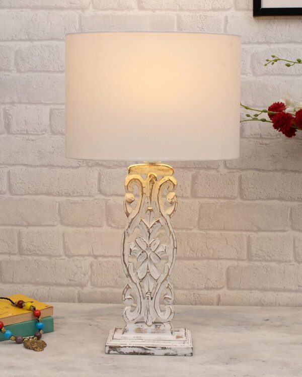 Homesake® Sculptural Hand Carved Wood Table Lamp with Beige Square Shade (Whitewash, Oval)