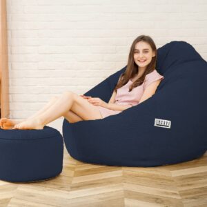 LEXAVI Brand® - Bean Bag with Footrest Filled with Beans, Large Jumbo Size in Faux Leather - (XXXL, Navy Blue)