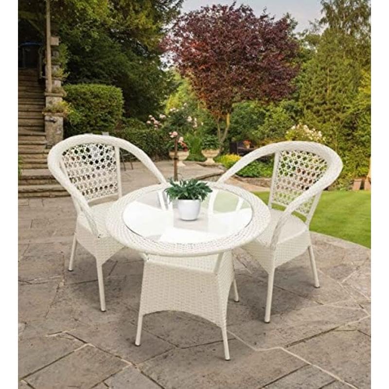 IIOF Backyards D-8 Chairs Table Set (2+1) Wicker Patio Furniture Sets 2 Chair and 1 Table for Garden, Balcony, Bedroom, Powder Coated, Frame Uv Protected (Off White)