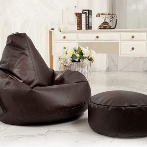 LEXAVI Brand® - Bean Bag with Footrest Filled with Beans, 4XL Large Jumbo Size in Faux Leather - (4XL, Brown - Pocket)