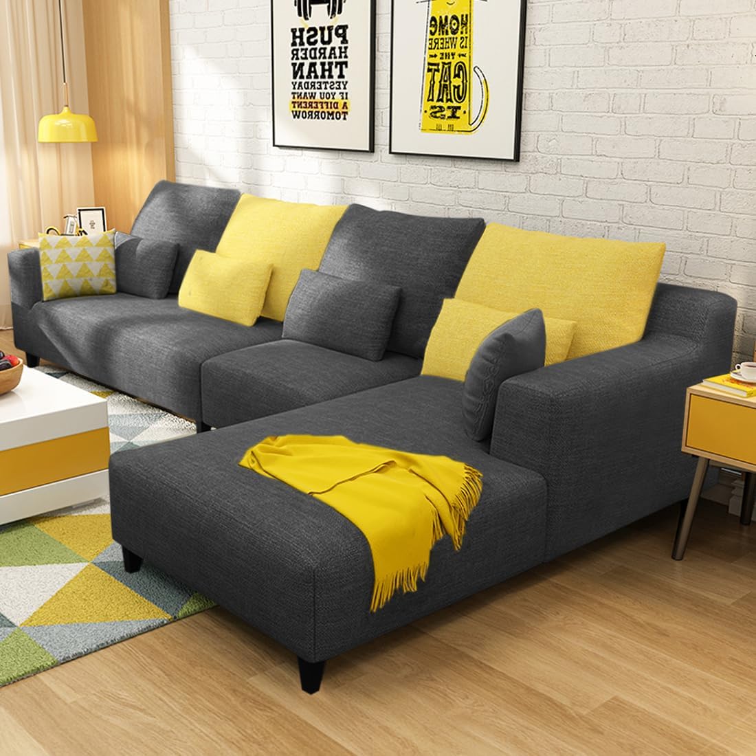 FURNY Mintoo 6 Seater Fabric RHS Sectional L Shape Sofa Set (Dark Grey)