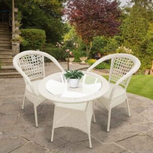 OUTLIVING Garden Patio Seating Chairs and Table Set Coffee Table Set Balcony Outdoor Furniture with 1 Tables and 2 Chair Set (White)